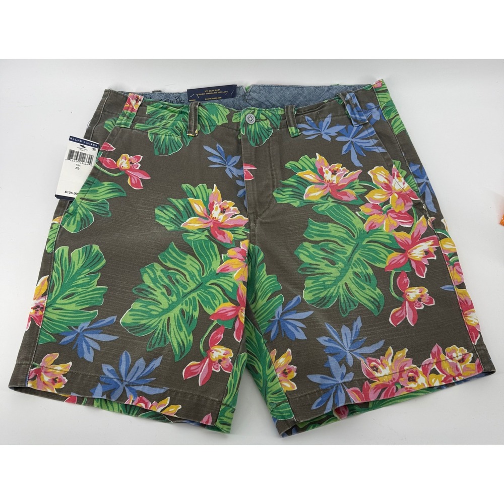 Polo Ralph Lauren Mens Tropical Floral Shorts Olive‎ Green Straight Fit Size 32